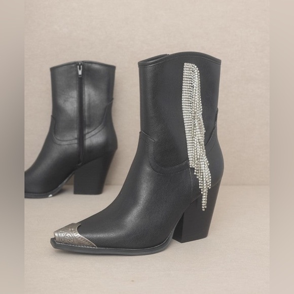 The Kai Rhinestone Fringe Etched Toe Cap Western Cowgirl Booties Boots Black - Picture 3 of 8